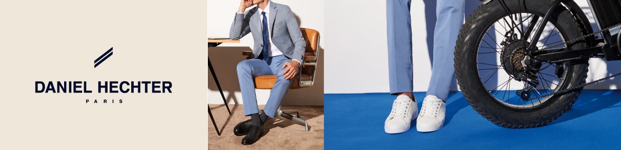 Daniel Hechter Schuhe sitzend und stehend vor Motorrad