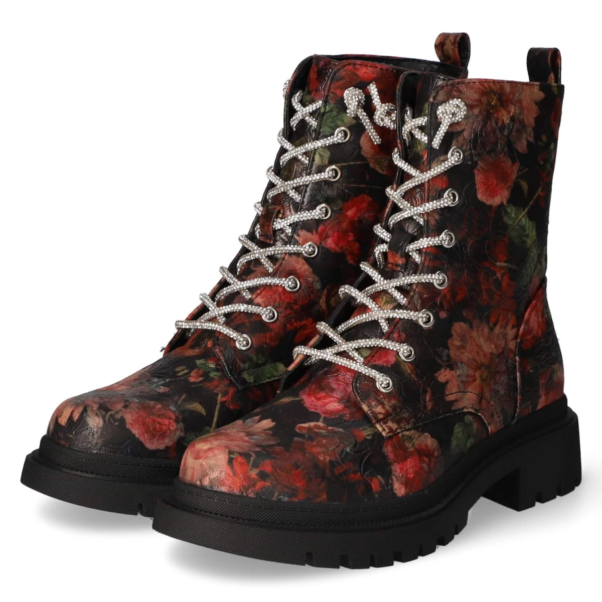 Schnürstiefeletten - Blk/Red Flower PU