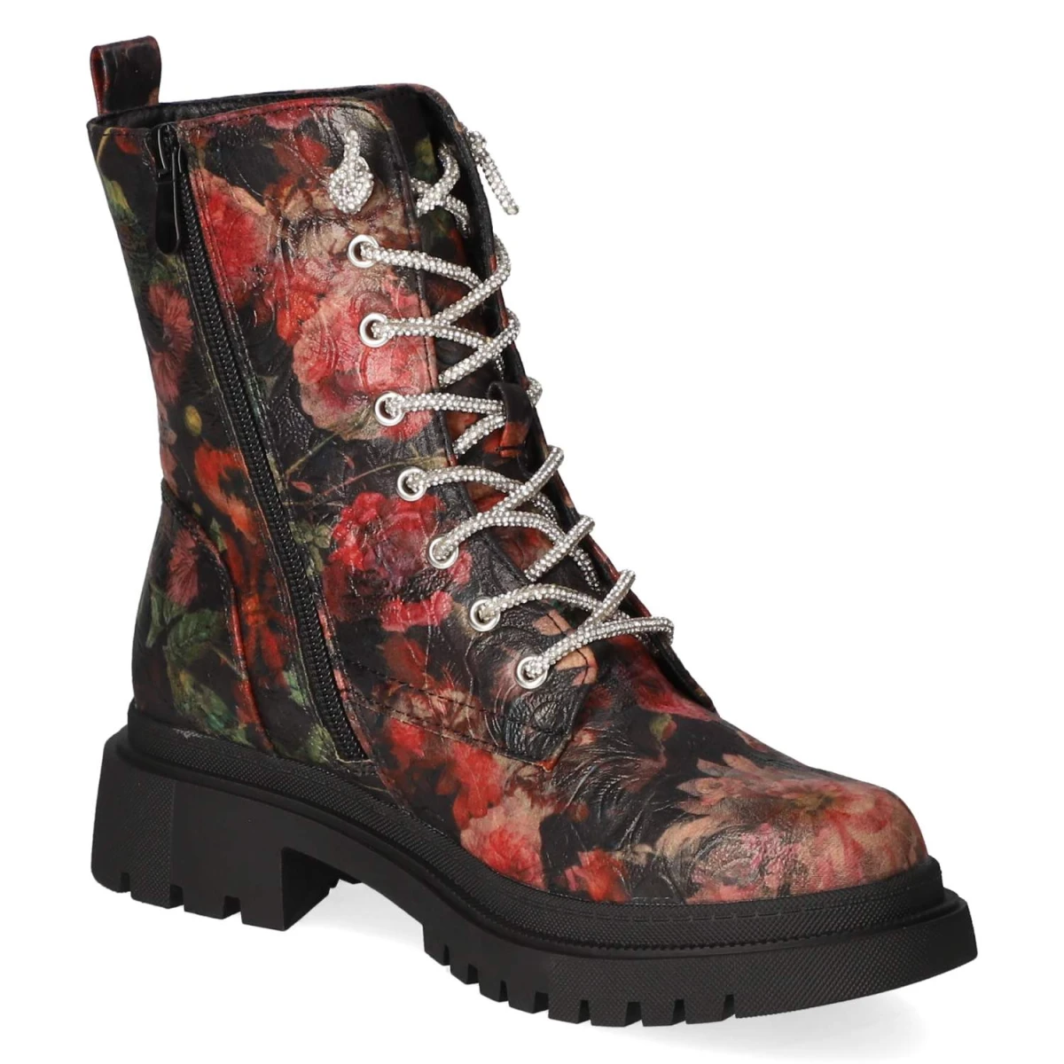 Schnürstiefeletten - Blk/Red Flower PU